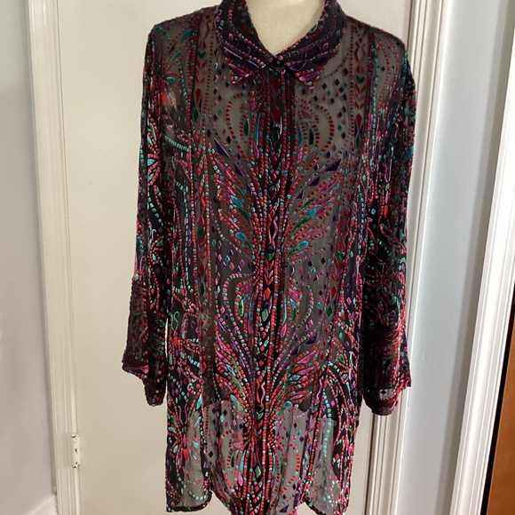 VINTAGE BOB MACKIE WEARABLE ART SZ LARGE BLOUSE TUNIC BURNOUT VELVET BUTTERFLY - Picture 5 of 8